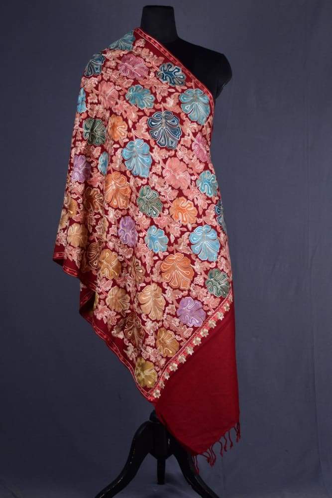 Shining Red Colour Famous Designer Kashmiri Aari Work Stole