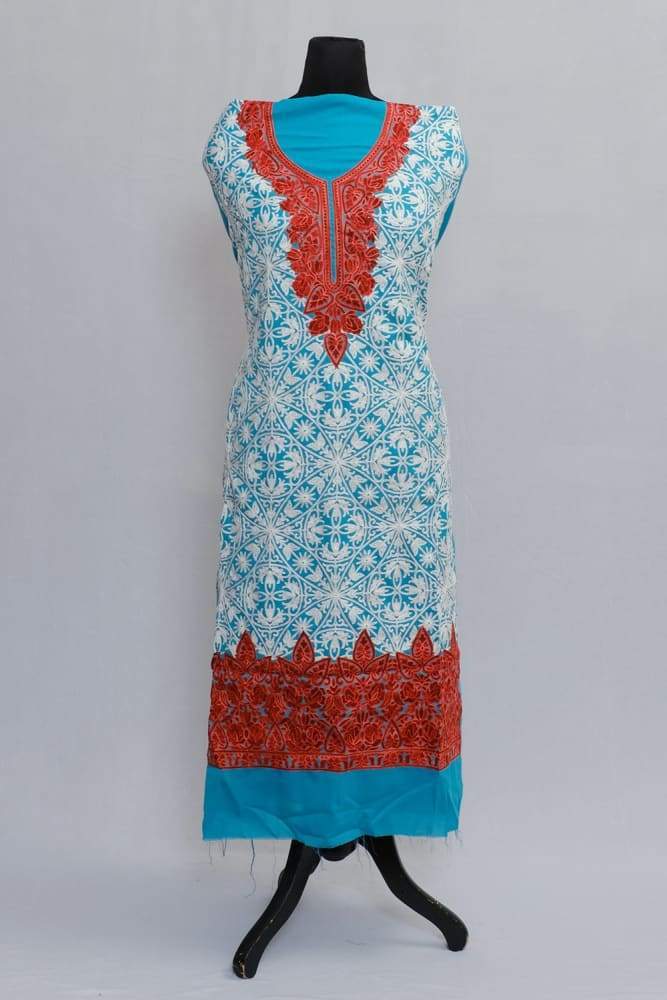 Sky Blue Color Designer Aari Work Neckline With Running