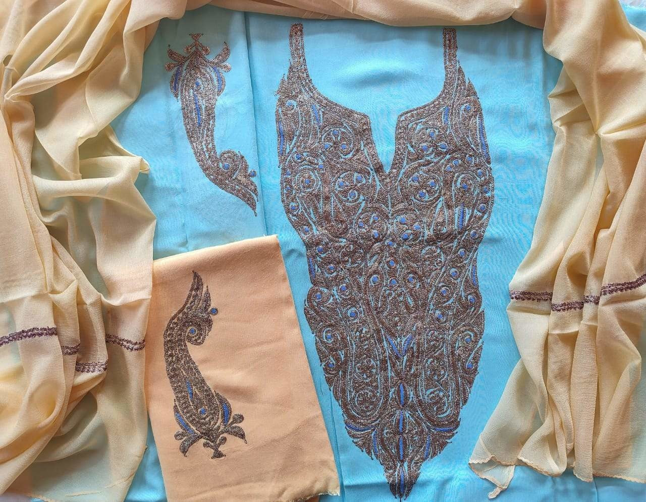 Sky Blue Colour Kashmiri Tilla Aari Work Salwar Kameez