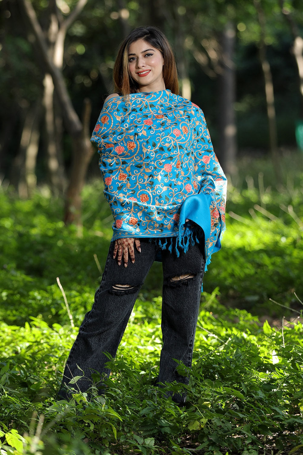 Sky Blue Colour Wolen Base With Rich All Over Kashmiri Jaal