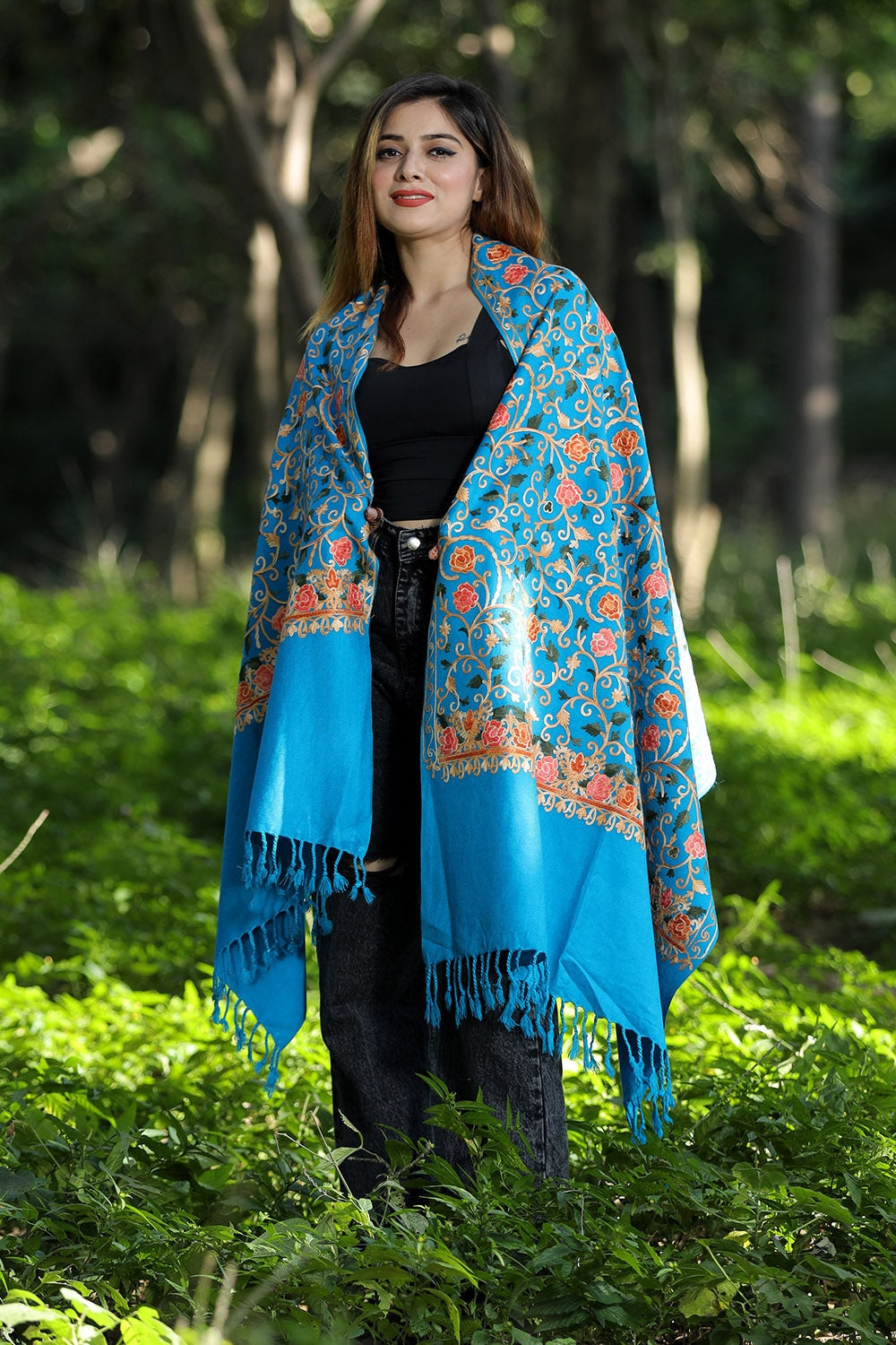 Sky Blue Colour Wolen Base With Rich All Over Kashmiri Jaal