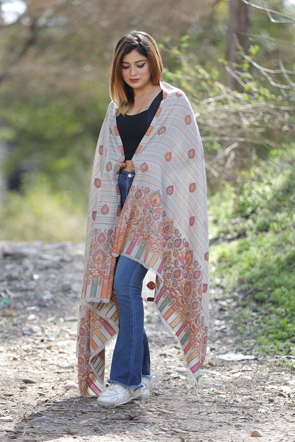 Slate Grey Colour Shawl With Flower Pattern Style Bold