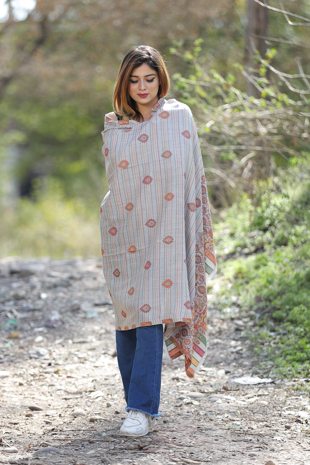 Slate Grey Colour Shawl With Flower Pattern Style Bold