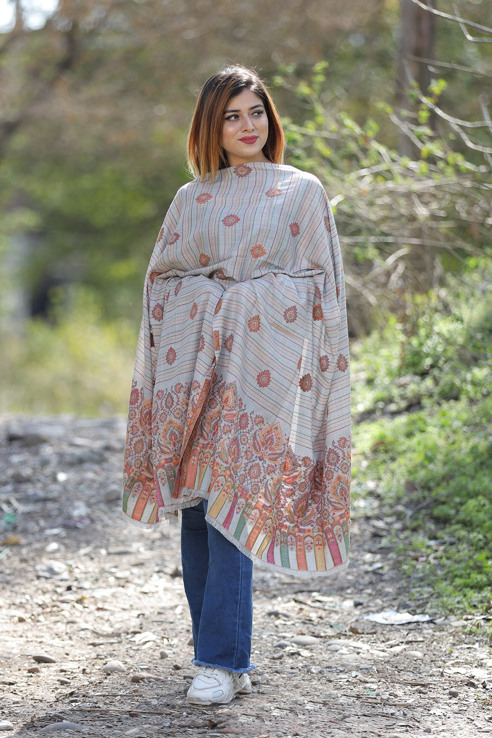 Slate Grey Colour Shawl With Flower Pattern Style Bold