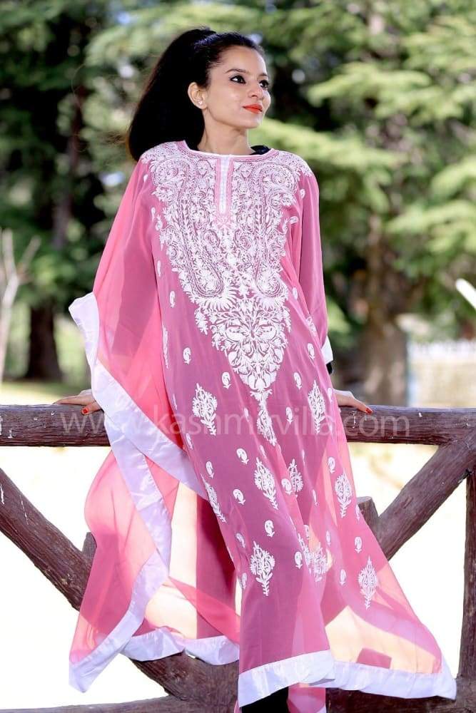 Smoothy pink colour georgette kashmiri aari work designer kaftan