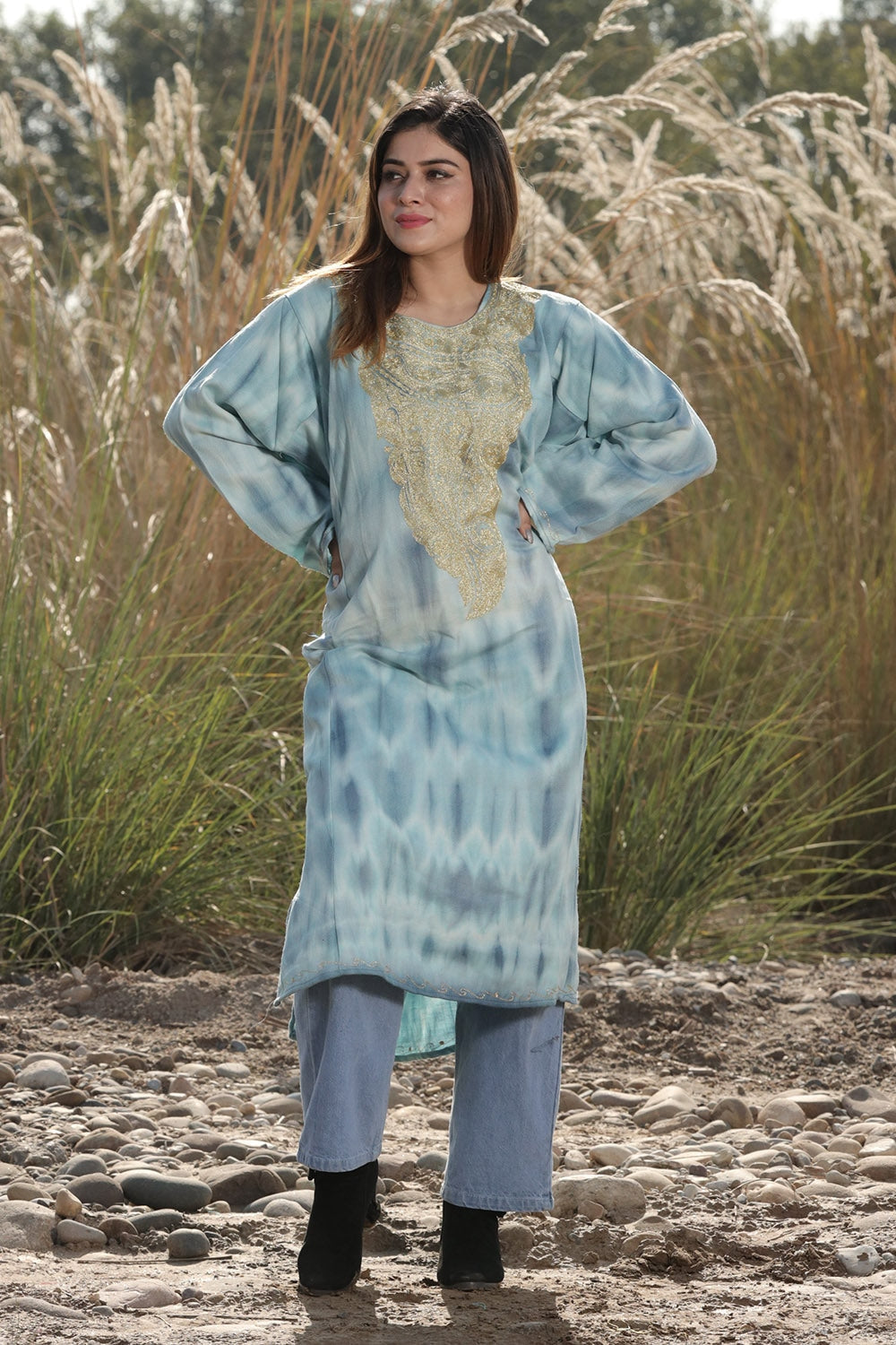 SOOTHING BLUE COLOUR TIE DYE Aari Tilla Work Embroidered