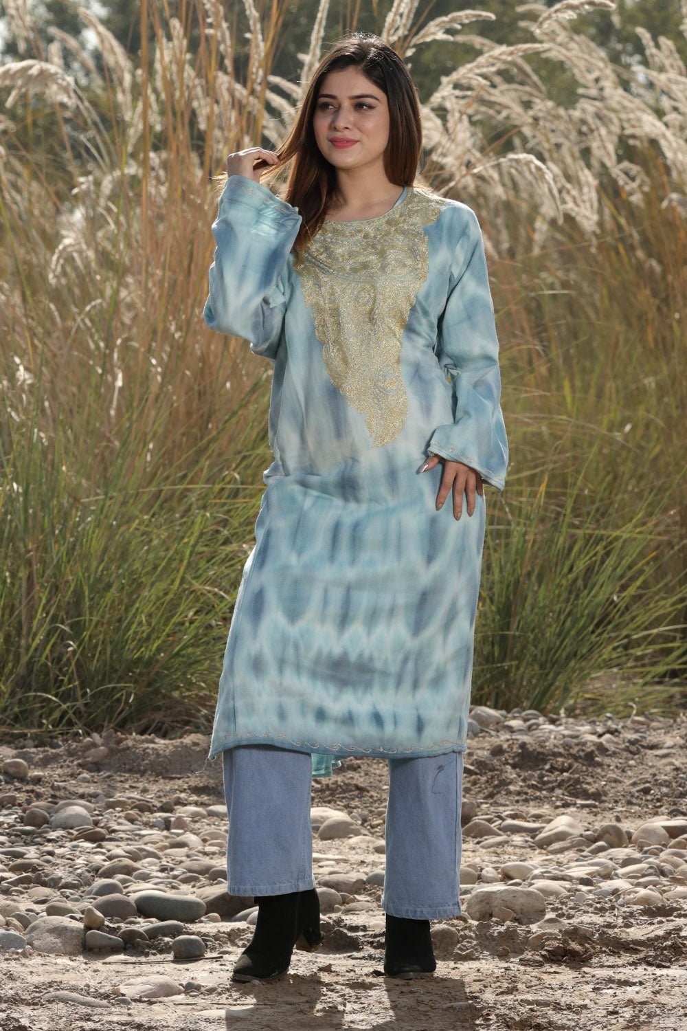 SOOTHING BLUE COLOUR TIE-DYE Aari Tilla Work Embroidered