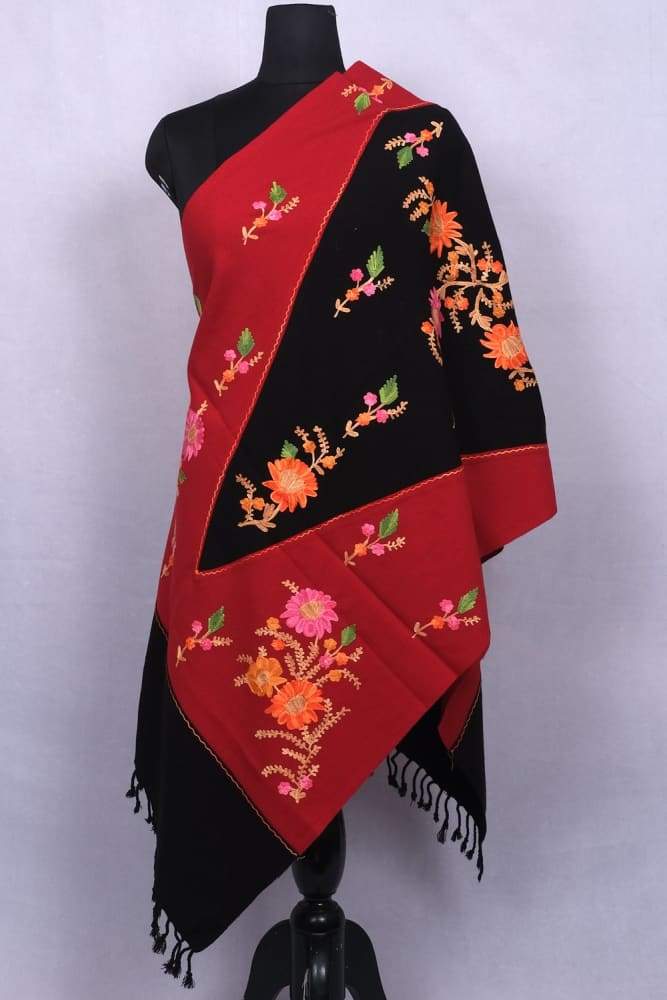 Soothing Garnet Red And Black Kashmiri Aari Work Stole