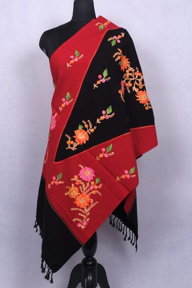Soothing Garnet Red And Black Kashmiri Aari Work Stole