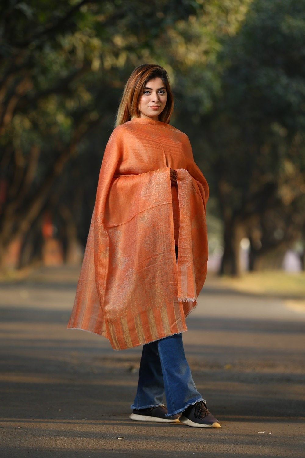 SOOTHING ORANGE COLOUR KANI KASHMIRI STOLE DEFINES FEMINISM
