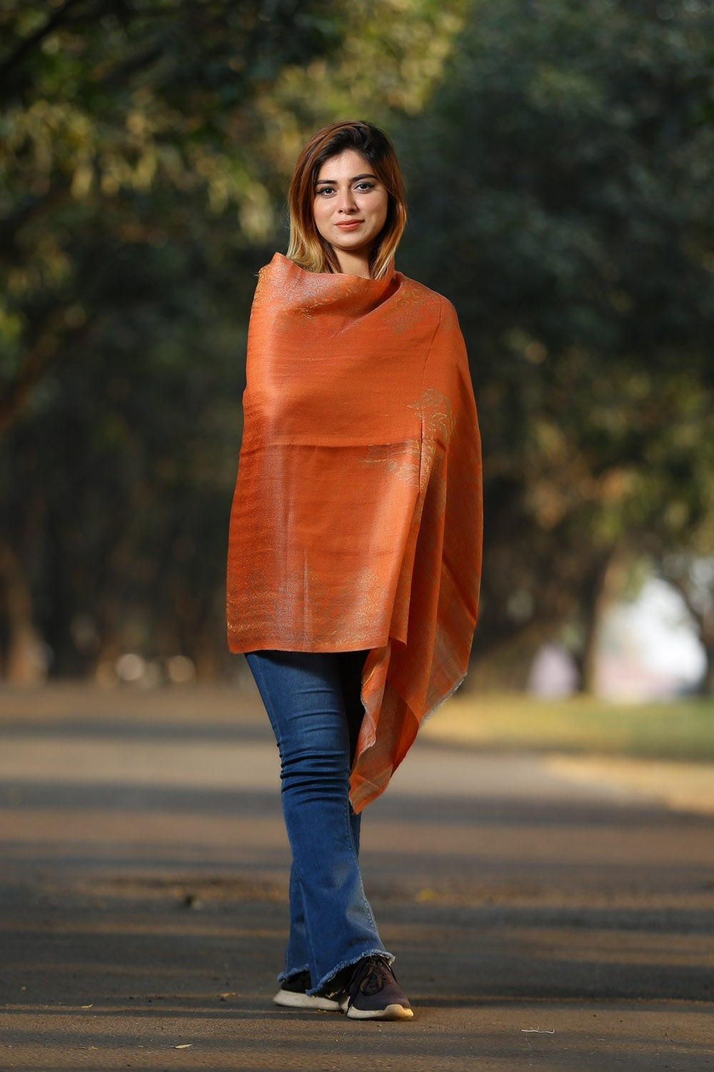 SOOTHING ORANGE COLOUR KANI KASHMIRI STOLE DEFINES FEMINISM
