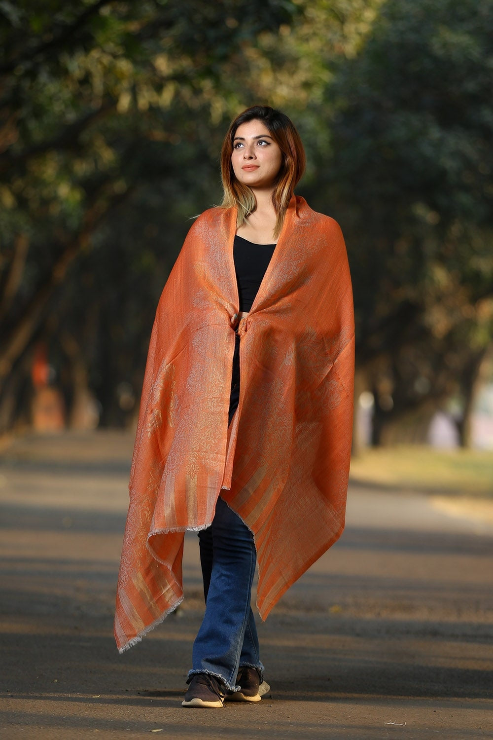 SOOTHING ORANGE COLOUR KANI KASHMIRI STOLE DEFINES FEMINISM