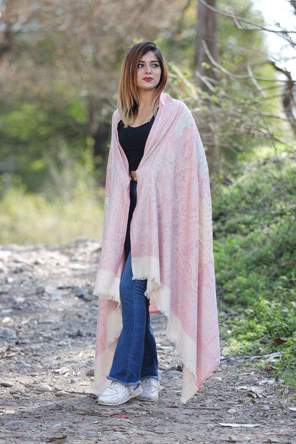 Soothing Pink Colour Jamawar Shawl With Kashmiri Aari Work