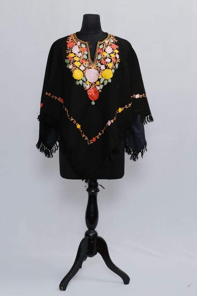 Sooty Black Colour Ponchu With Elegant Kashmiri Embroidery.