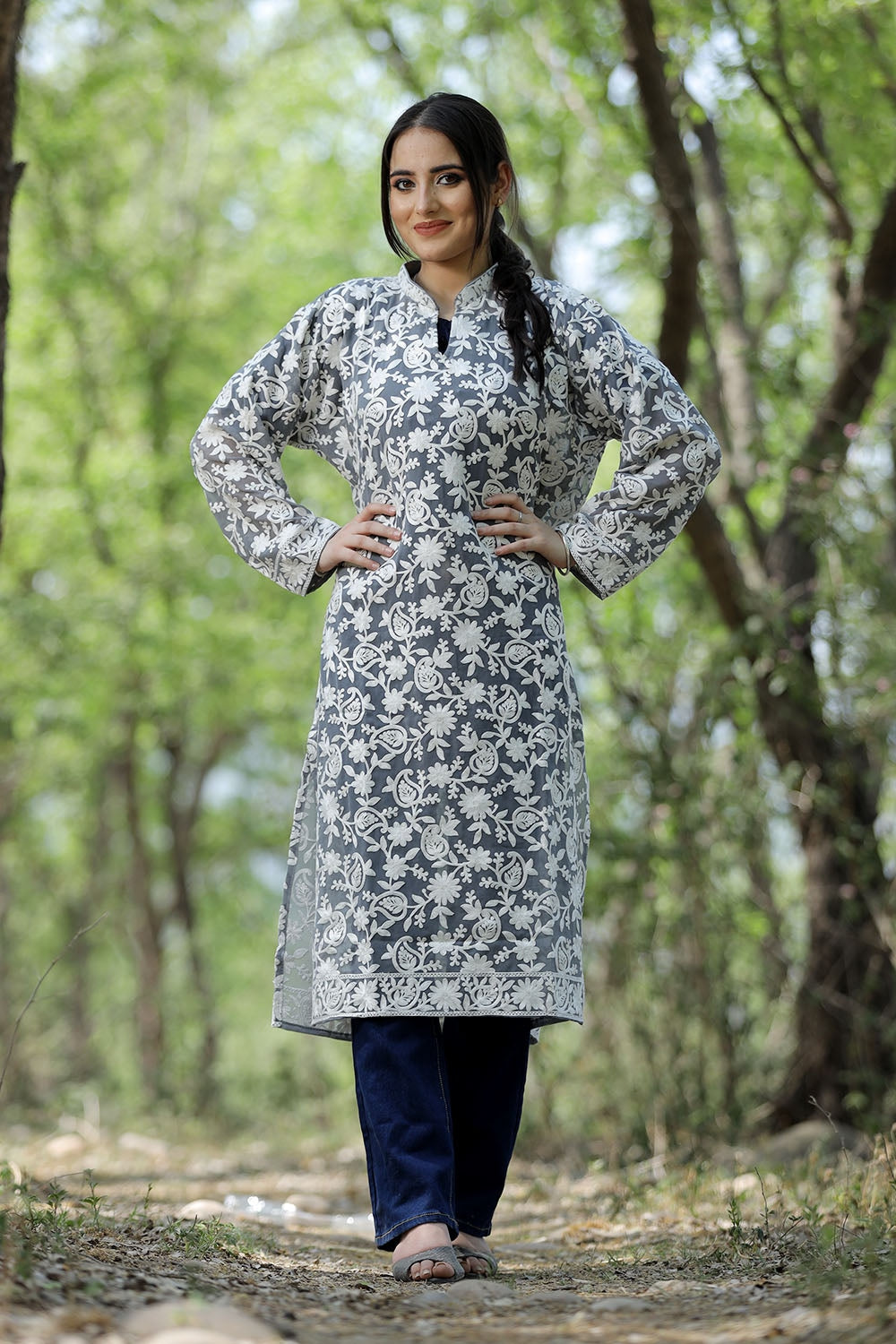 Sophisticated Ash Grey Colour georgette Kurti Embroidered
