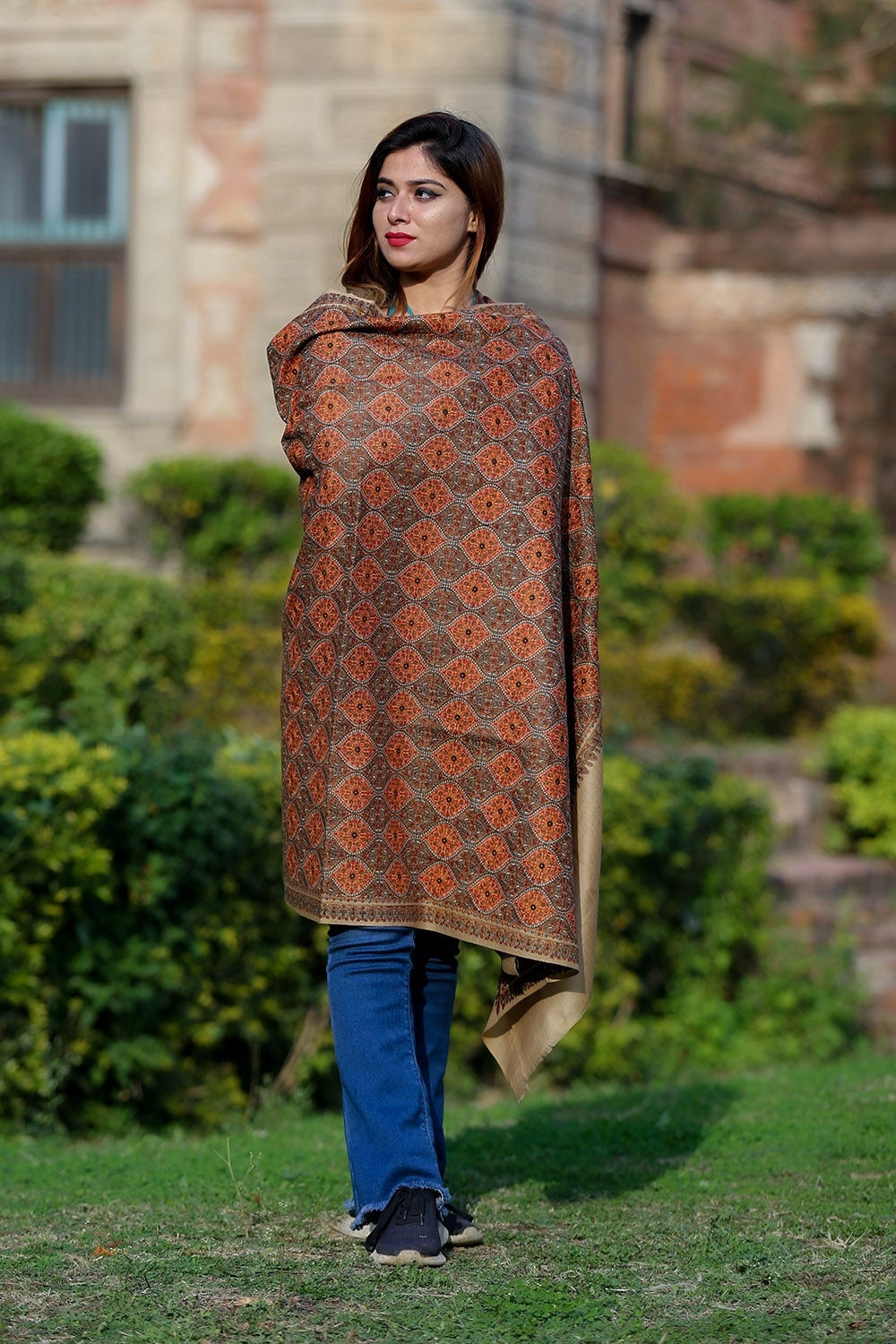 Steady Beige Colour Embroidered Sozni Shawl Enriched