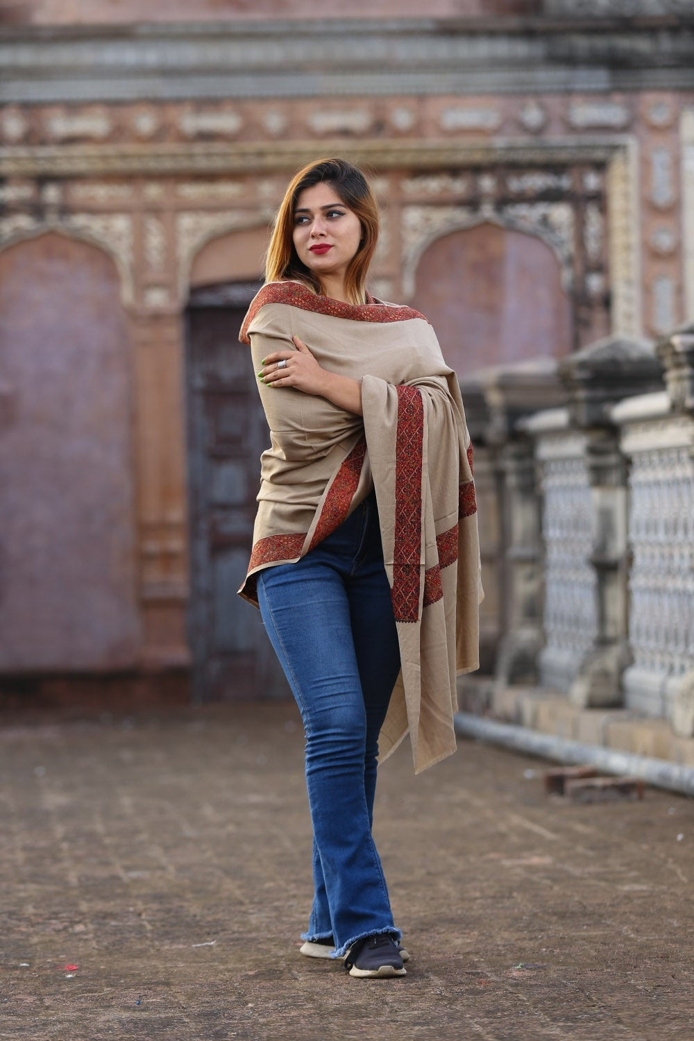 Steady Beige Colour Kashmiri Sozni Shawl Embellished
