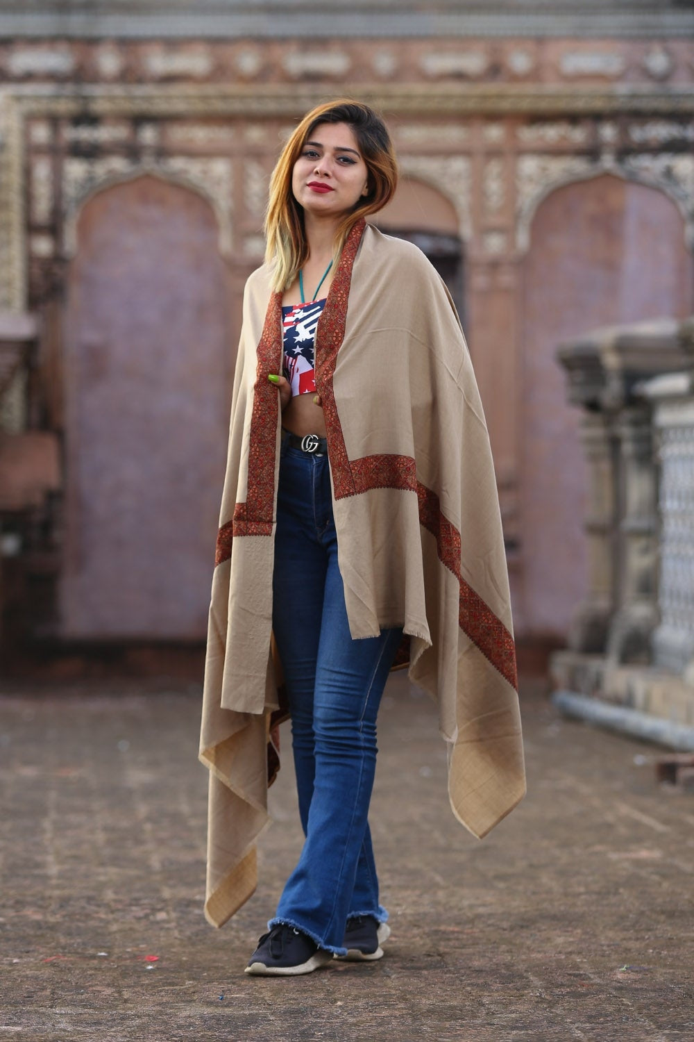 Steady Beige Colour Kashmiri Sozni Shawl Embellished