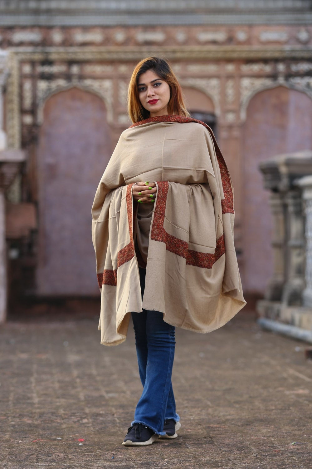 Steady Beige Colour Kashmiri Sozni Shawl Embellished