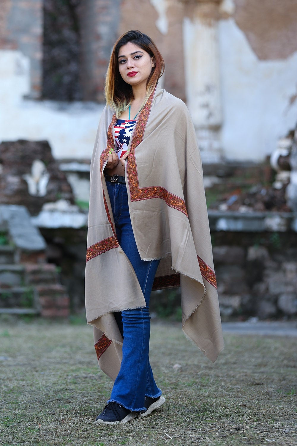 Steady Beige Colour Semi Pashmina Sozni Shawl