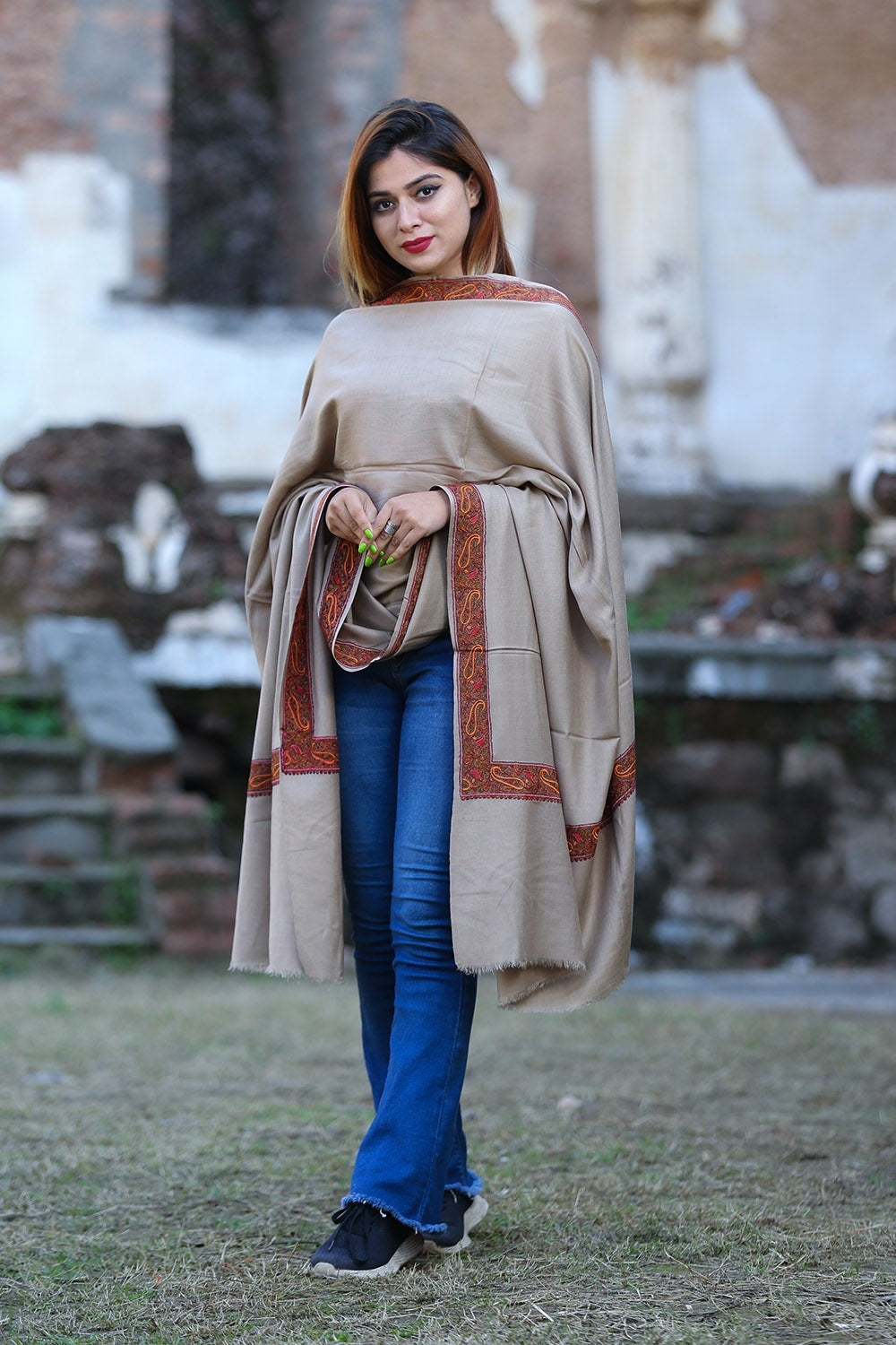 Steady Beige Colour Semi Pashmina Sozni Shawl