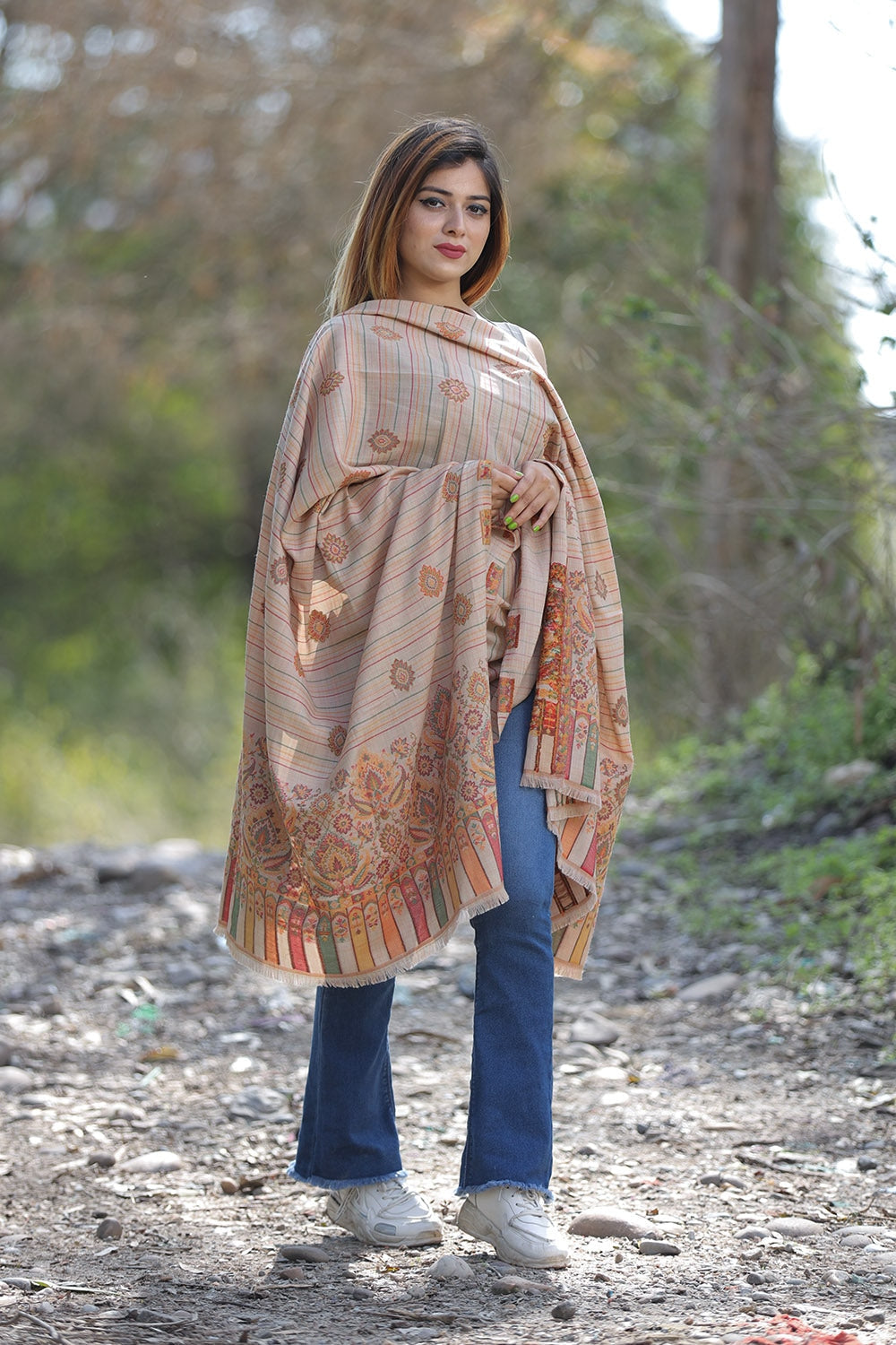 Steady Beige Colour Shawl With Flower Pattern Style Bold