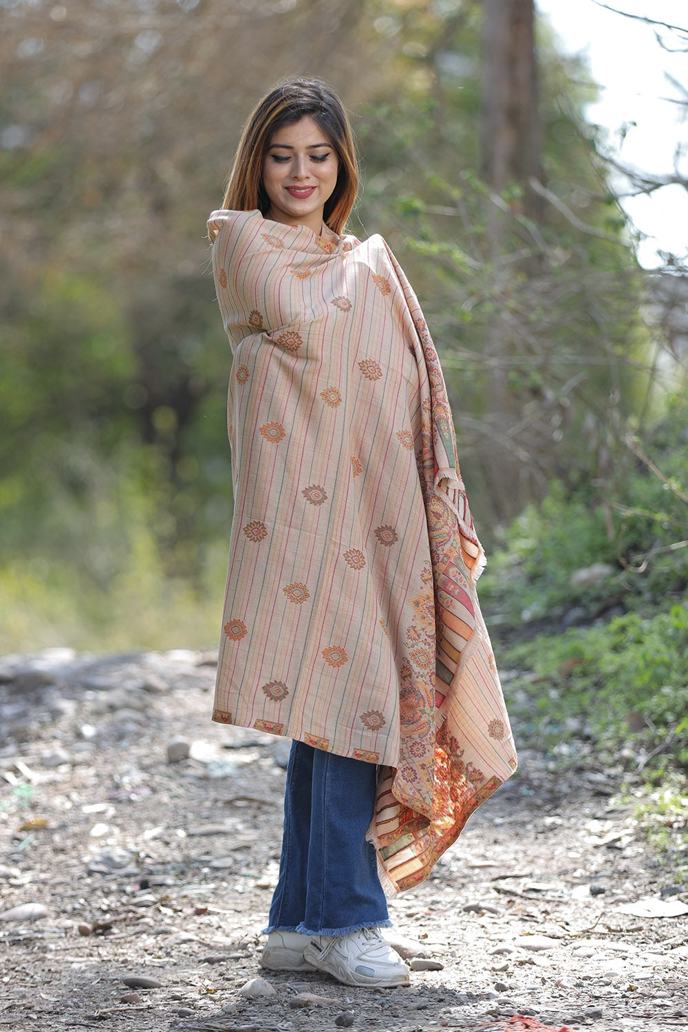 Steady Beige Colour Shawl With Flower Pattern Style Bold