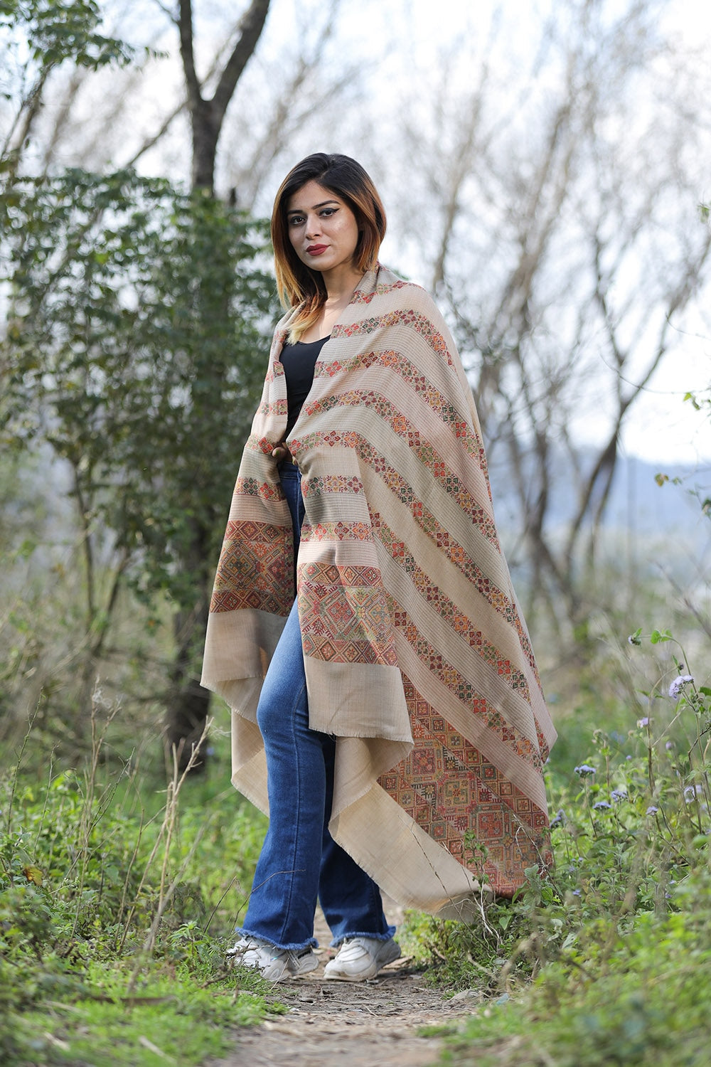 Steady Beige Colour Shawl With Flower Pattern Style Bold