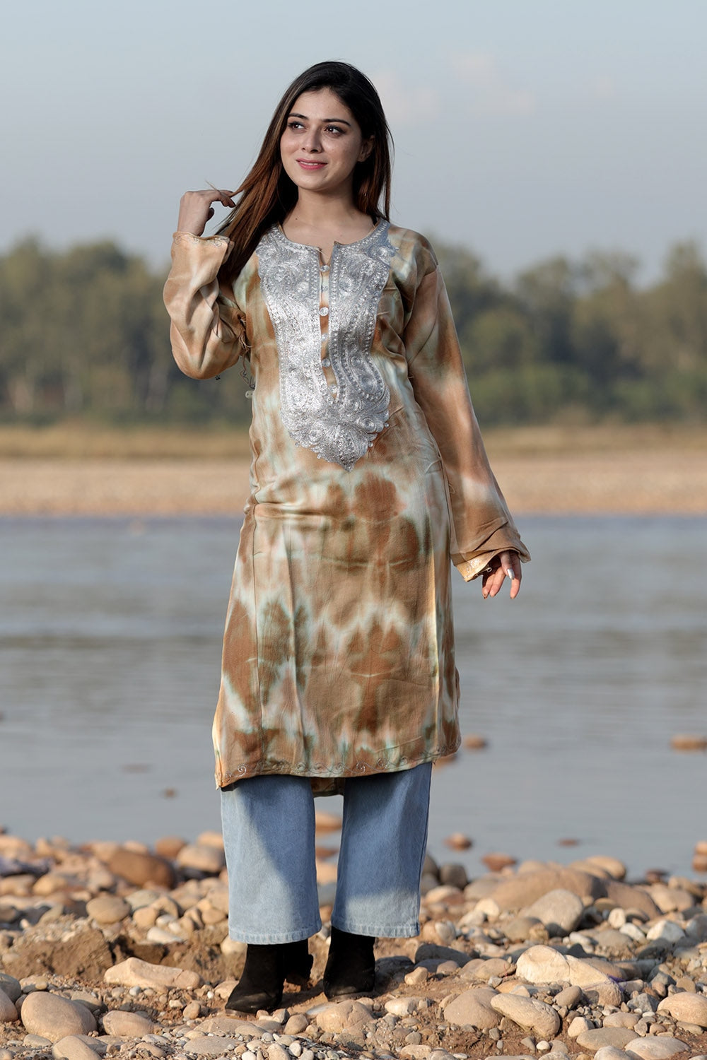STEADY BROWN COLOUR TIE DYE Aari Tilla Work Embroidered