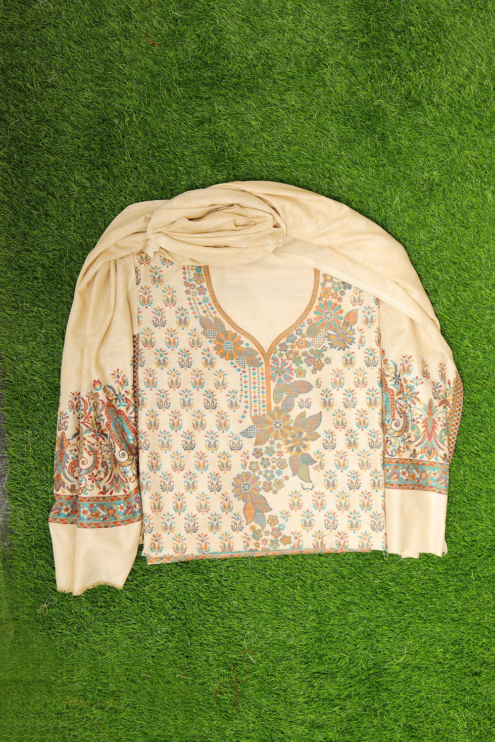 Steady Ivory White Colour Cotton Kani Stole Suit With Self