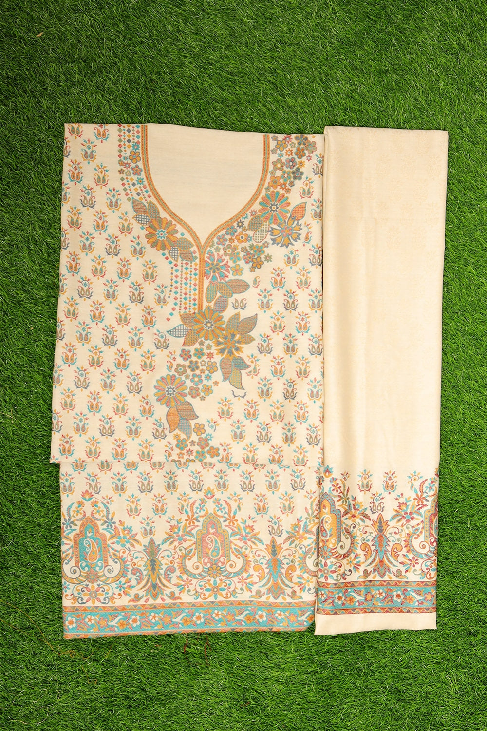 Steady Ivory White Colour Cotton Kani Stole Suit With Self