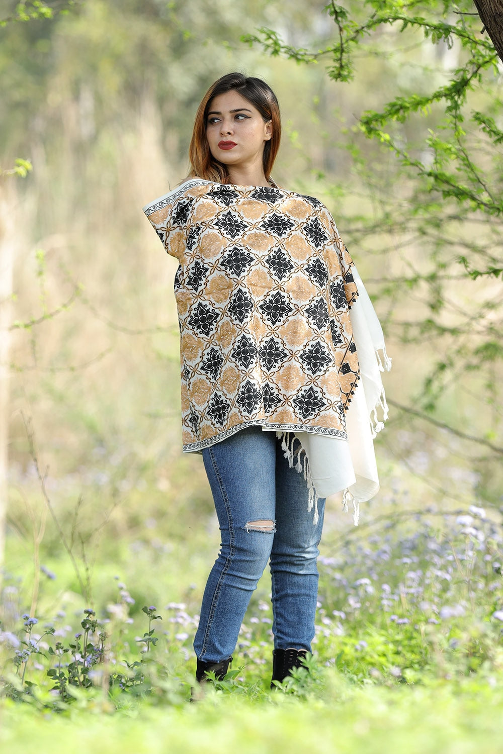 Steady Pearl White Colour Stole With Graceful Dense Jaal