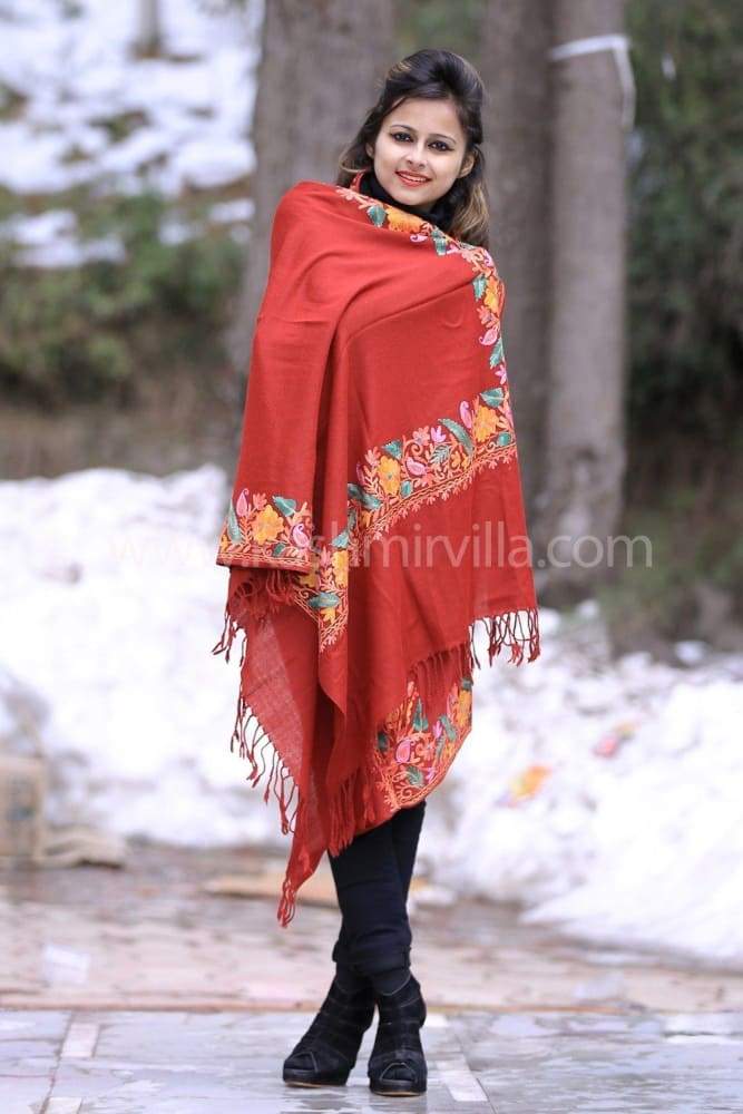 Strand Maroon Colour Kashmiri Aari Work Stole Exclusively