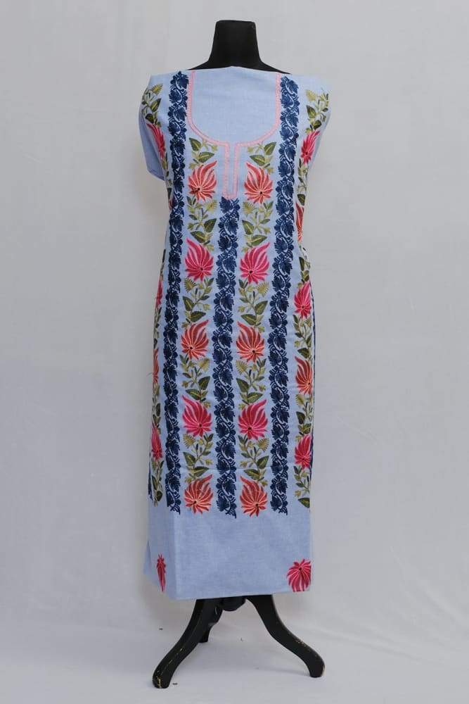 Stunning Blue Color Designer Aari Work With Flower Neckline