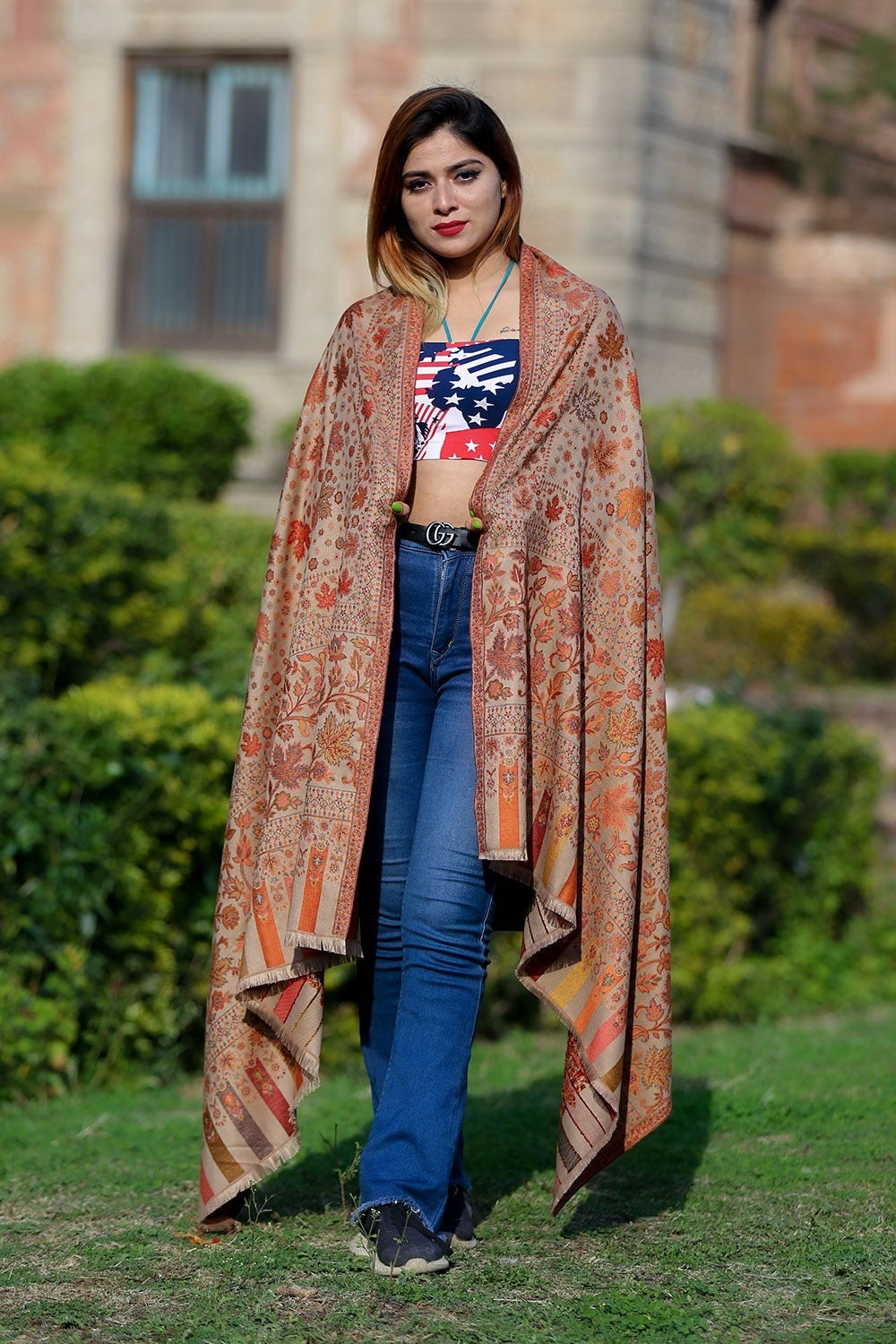 Stylish Steady Beige Colour Designer Shawl With Beautifully