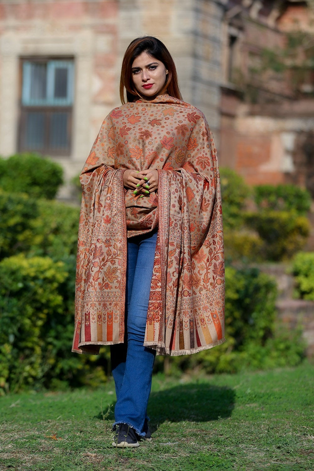 Stylish Steady Beige Colour Designer Shawl With Beautifully