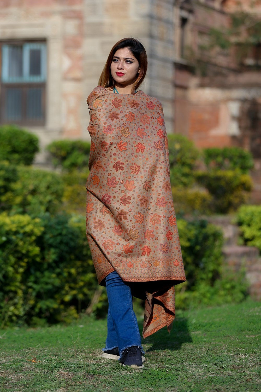 Stylish Steady Beige Colour Designer Shawl With Beautifully