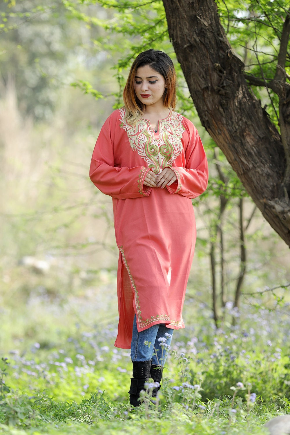 Subtle Pastel Pink Colour Cotton Kurti With Beautiful Aari