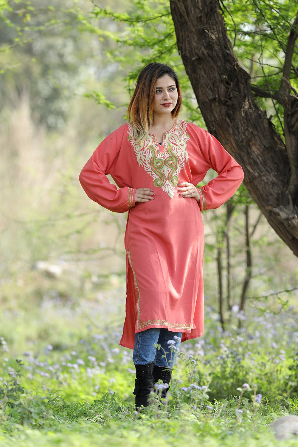 Subtle Pastel Pink Colour Cotton Kurti With Beautiful Aari