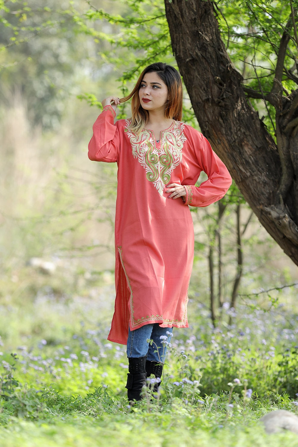 Subtle Pastel Pink Colour Cotton Kurti With Beautiful Aari