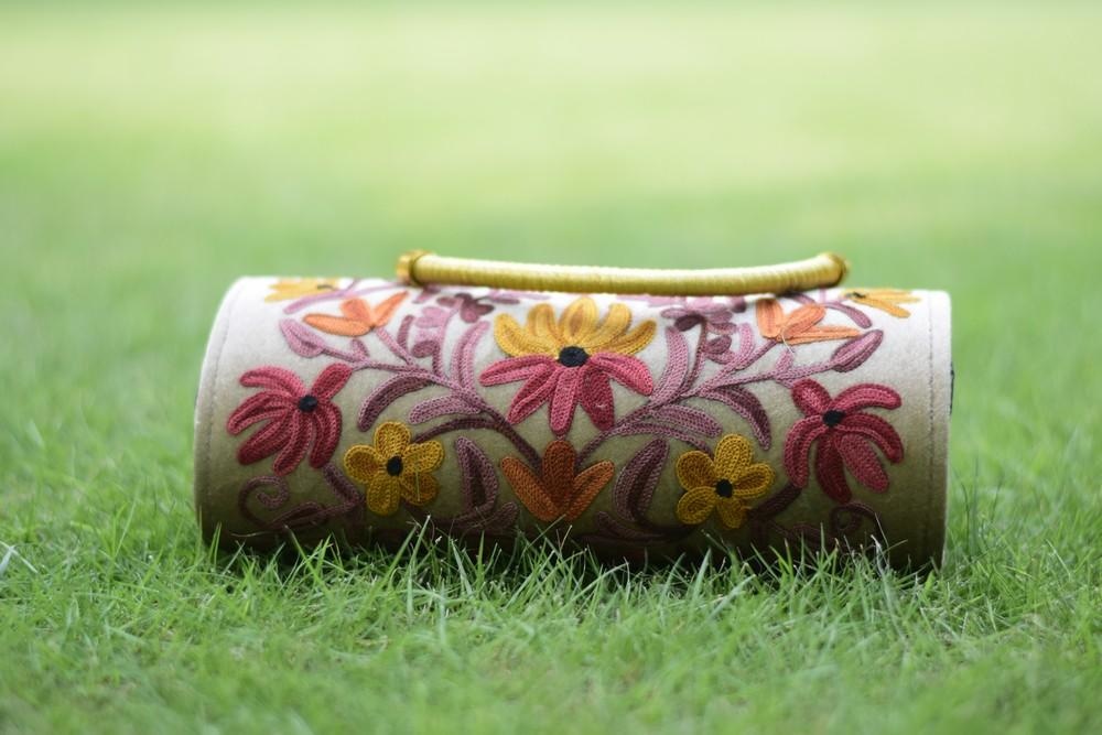 Suede Beige Color Kashmiri Embroidered Hand Clutch