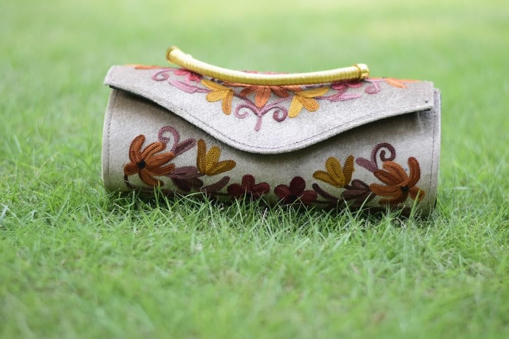 Suede Beige Color Kashmiri Embroidered Hand Clutch