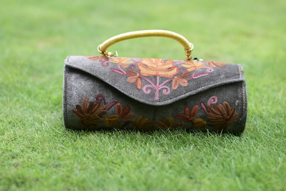 Suede Dark Grey Color Kashmiri Embroidered Hand Clutch