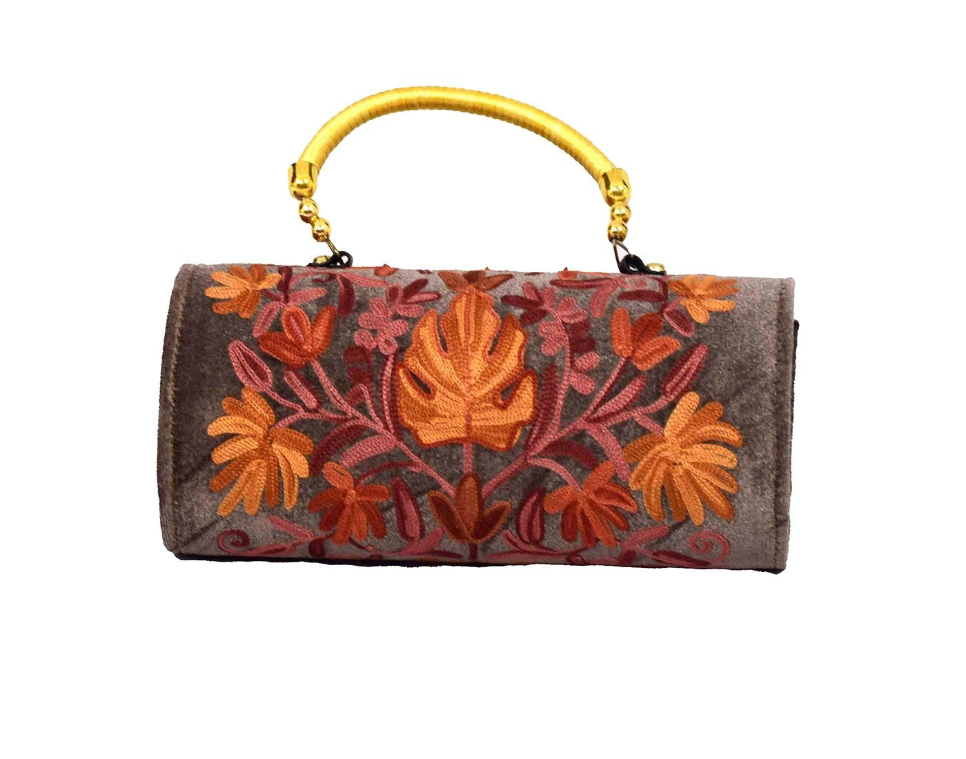 Suede Dark Grey Color Kashmiri Embroidered Hand Clutch