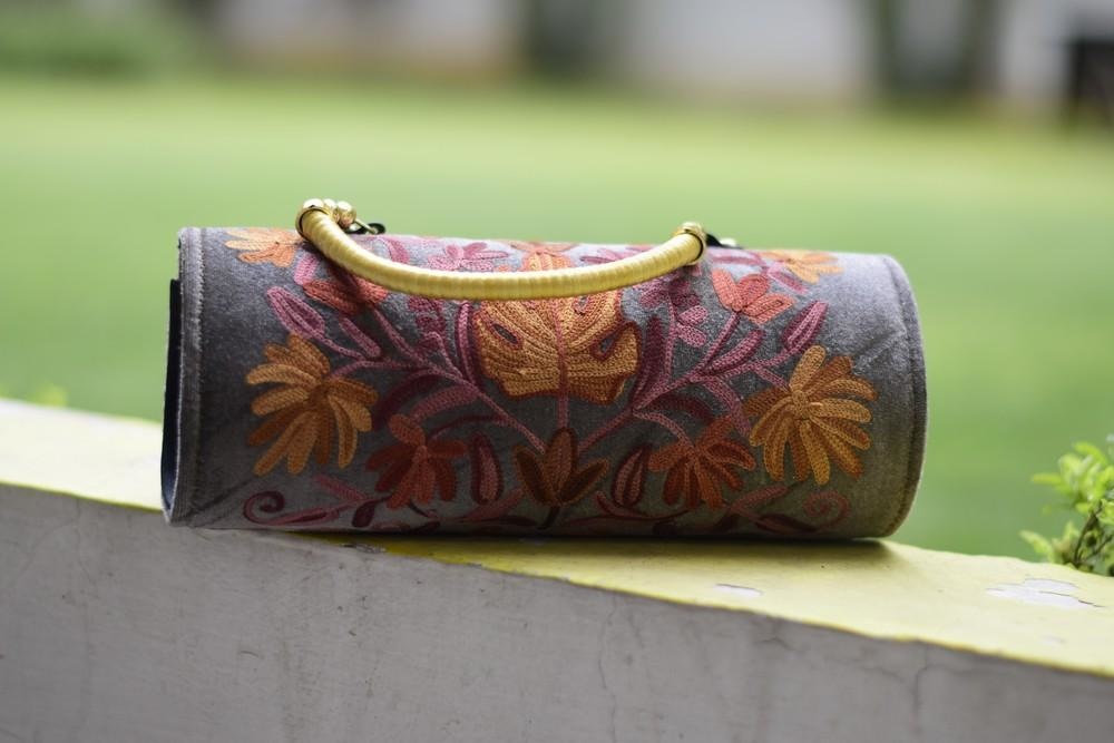 Suede Dark Grey Color Kashmiri Embroidered Hand Clutch