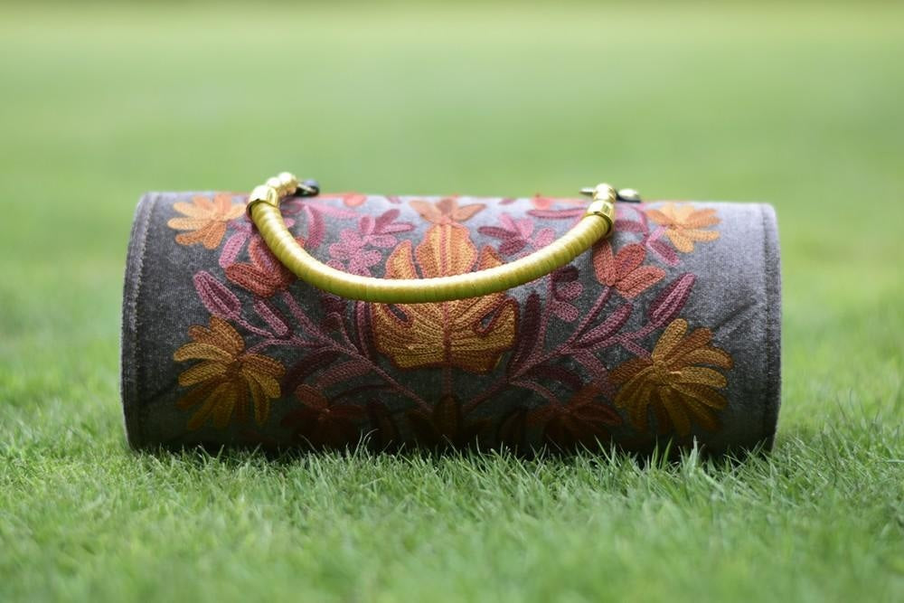 Suede Dark Grey Color Kashmiri Embroidered Hand Clutch