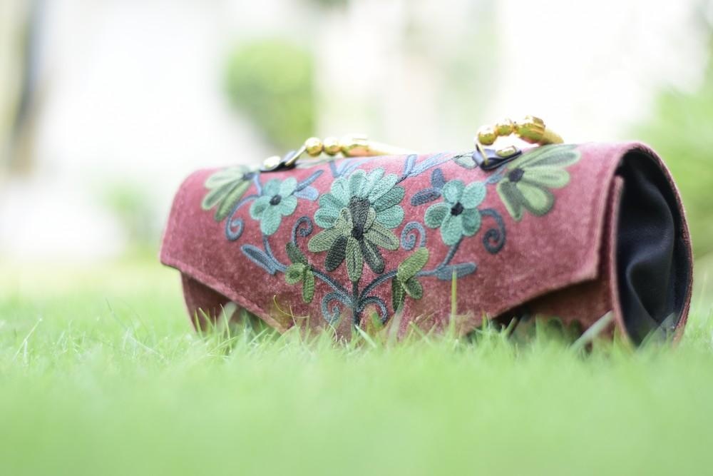 Suede Pink Color Kashmiri Embroidered Hand Clutch