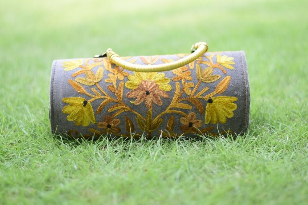 Suede Steel Grey Color Kashmiri Embroidered Hand Clutch