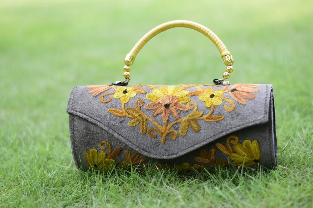 Suede Steel Grey Color Kashmiri Embroidered Hand Clutch
