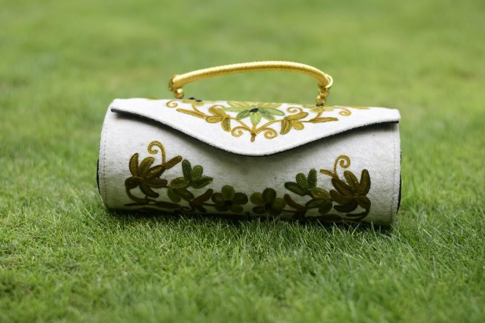 Suede White Color Kashmiri Embroidered Hand Clutch